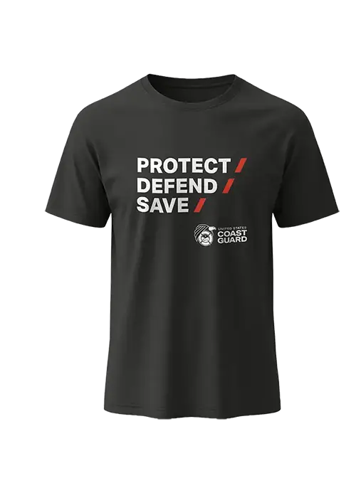 USCG Protect Defend Save tagline on black shirt