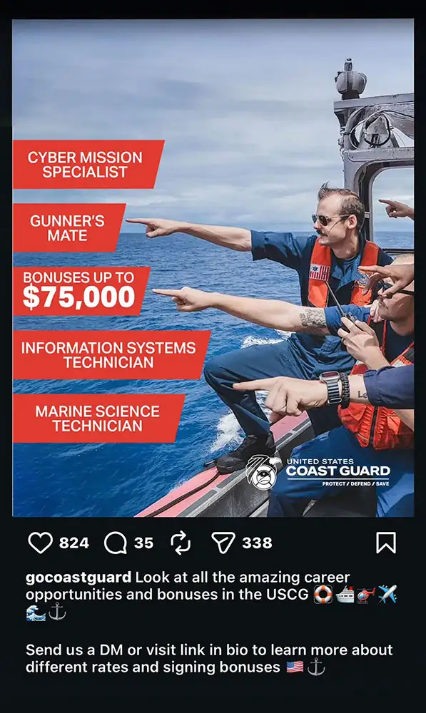 Coast Guard members pointing to ratings and bonus options