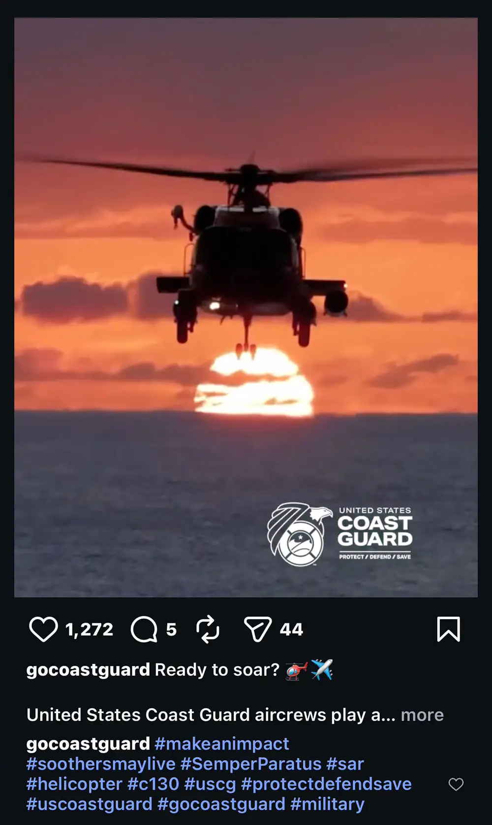 USCG Dolphin silhouette flying in front of sunset